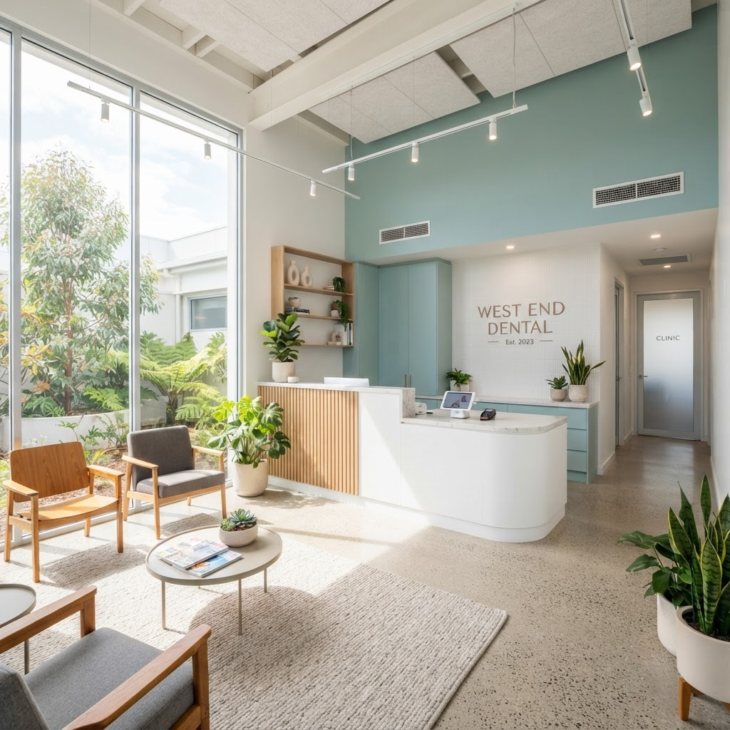 Modern dental clinic reception with clean white counters and teal accents